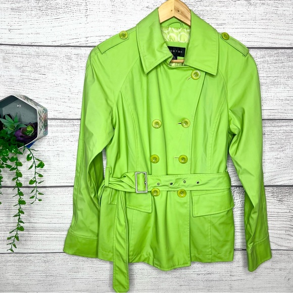 Vintage Braetan Bright Lime Green Double-Breasted Belted Trench Coat Size Small - Picture 13 of 13